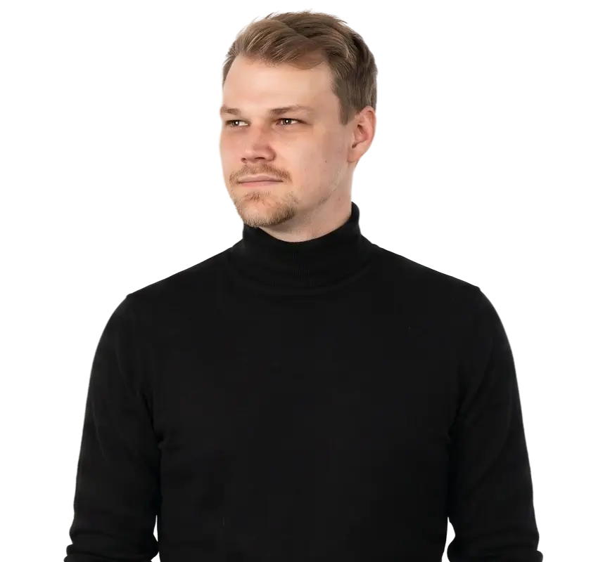 Christopher Matt, Webdesigner und Entwickler aus Luzern, im dunklen Rollkragenpullover