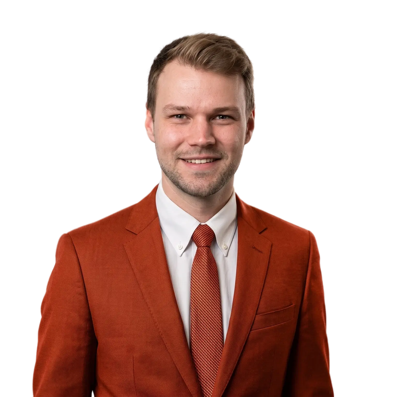 Christopher Matt - Webdesign Luzern | Matt Interfaces Christopher Matt, Webdesigner in Luzern - Portrait im orangen Anzug mit Krawatte
