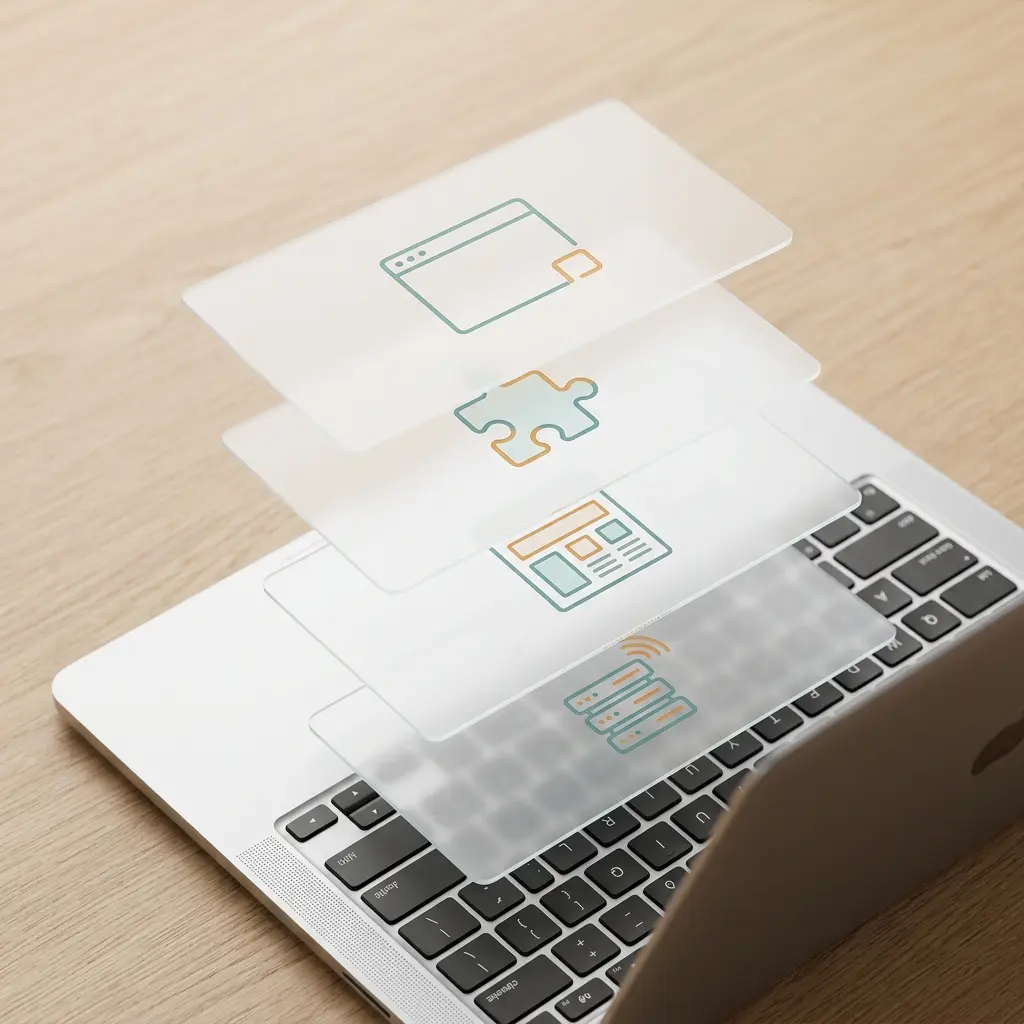 Vier Cache-Schichten Browser Plugin Divi und Server dargestellt als stilisierte Ebenen