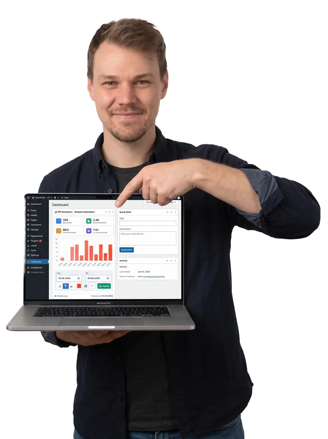 Christopher Matt präsentiert das WP Dashlytics-Widget mit Besucherzahlen und Diagramm im WordPress Dashboard auf einem MacBook.