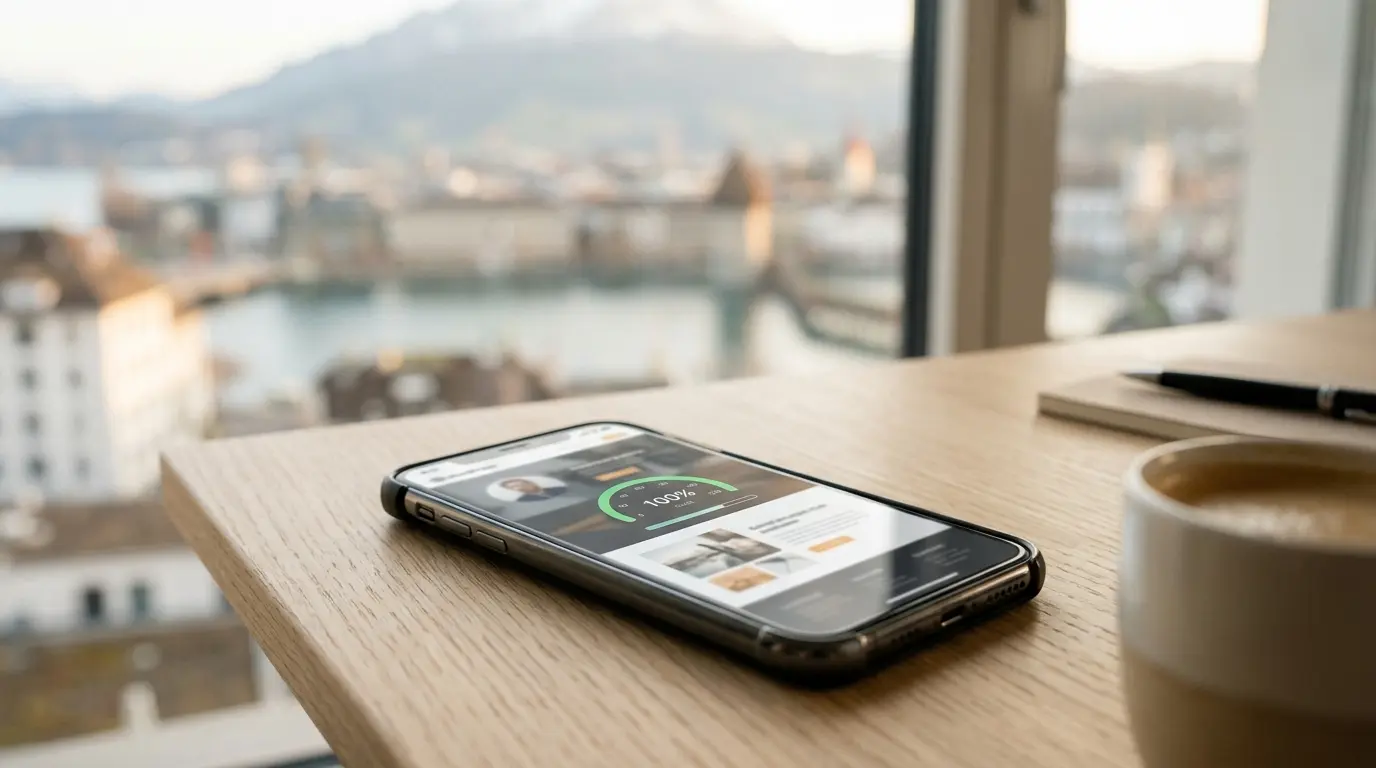 Blog 9 Smartphone zeigt schnelle mobile Divi Website auf Schweizer Buero Tisch