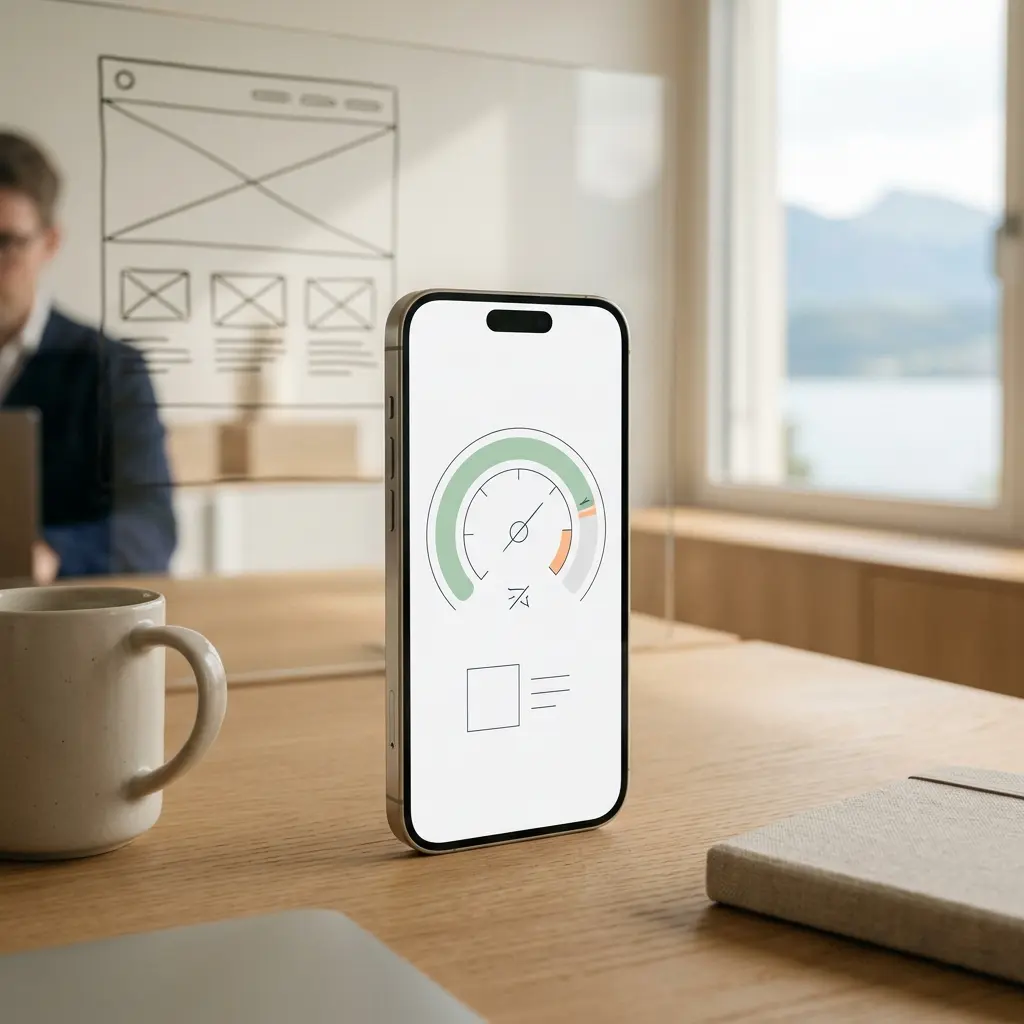 Smartphone zeigt schnelle Divi Website mit PageSpeed Messung
