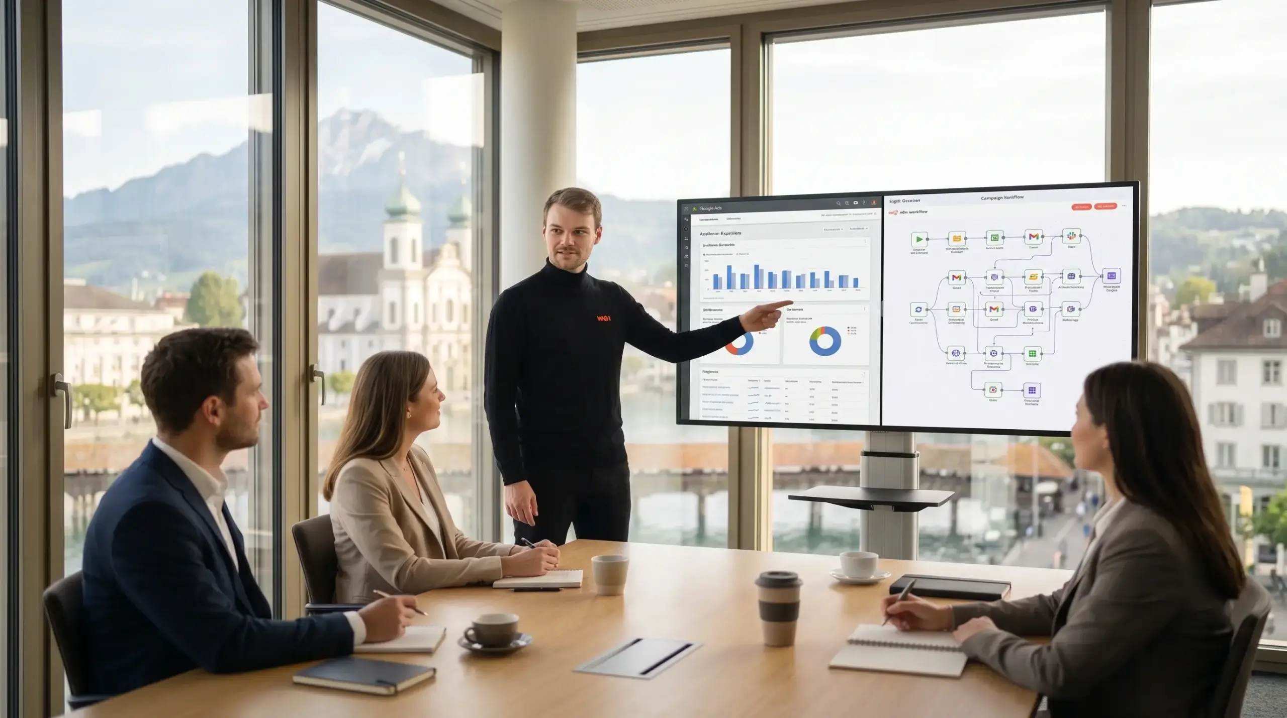 Schweizer Marketing-Team analysiert Google Ads Zielgruppen am Monitor