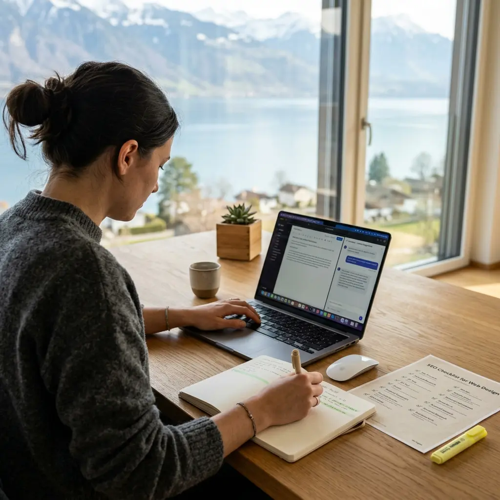 Webdesigner und KI arbeiten gemeinsam an einem SEO-Text in einem Schweizer Büro
