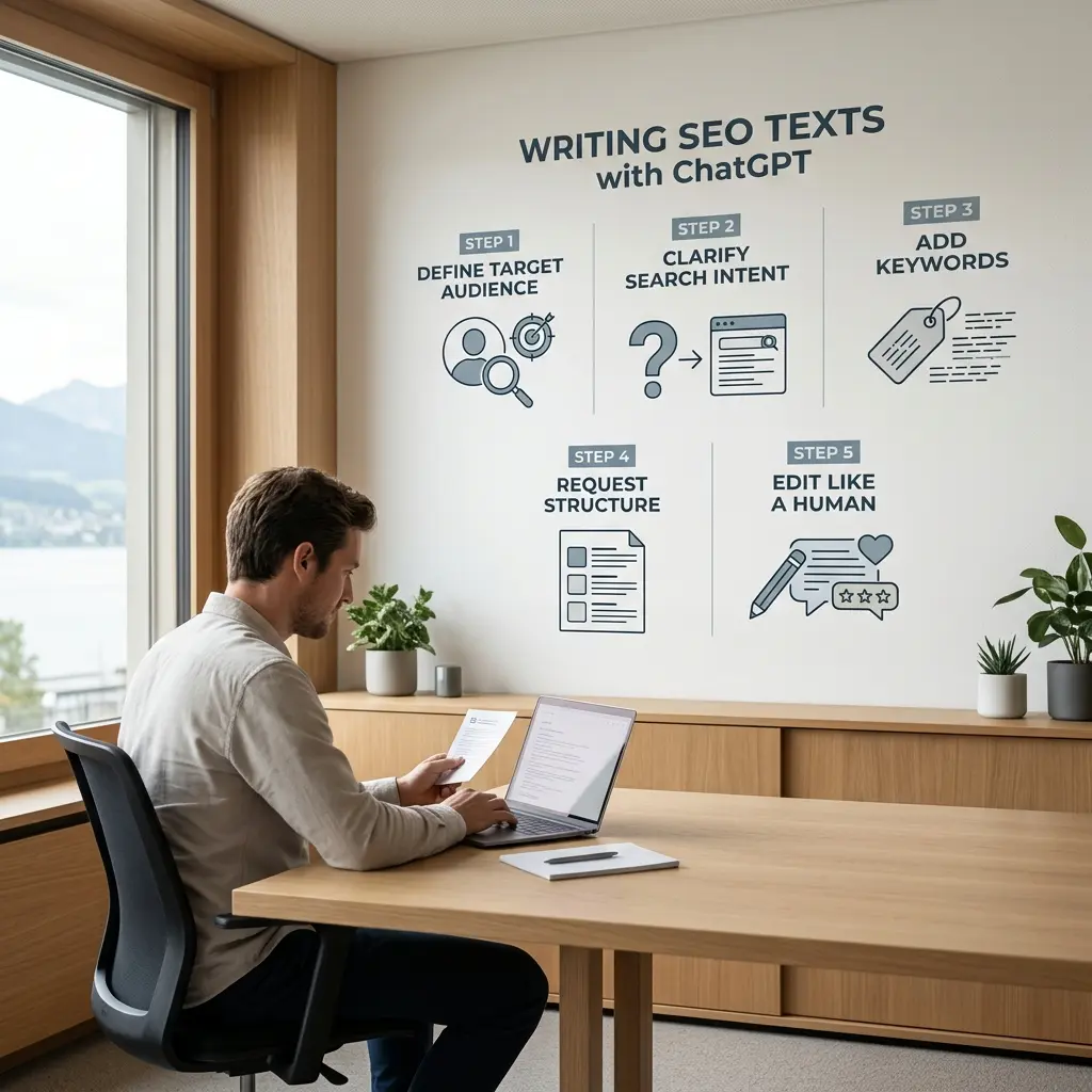 Übersichtstabellen mit ChatGPT-Prompts für SEO-Texte auf einem Schweizer Schreibtisch