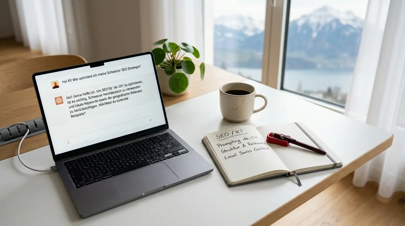 Blog 5 Laptop mit ChatGPT-Interface und SEO-Notizen auf einem hellen Schweizer Schreibtisch