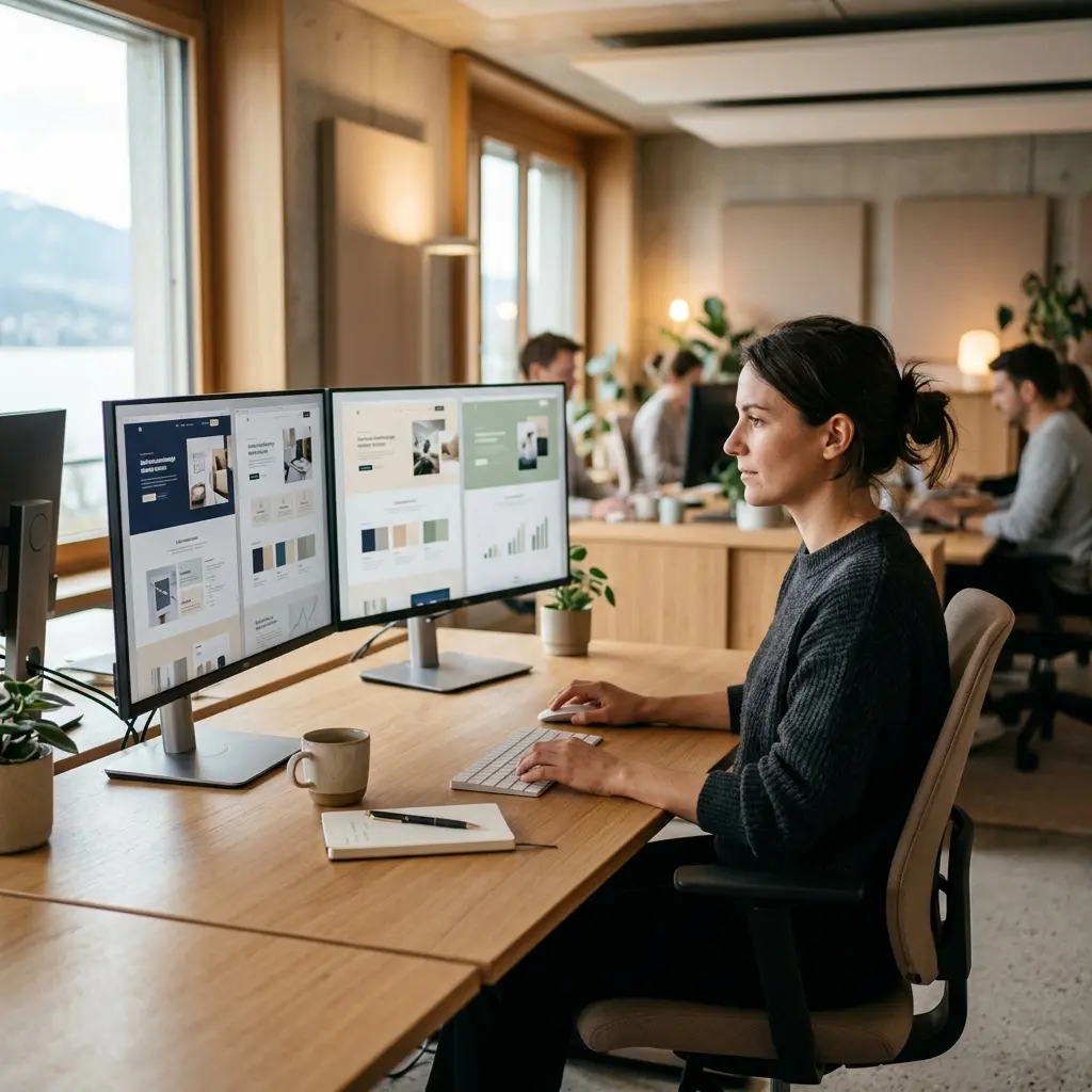Landingpage Conversion Optimierung: Best Practices für Schweizer KMU 2 Landingpage A/B Test Schweiz: Zwei Monitor-Varianten einer Landingpage am Arbeitsplatz