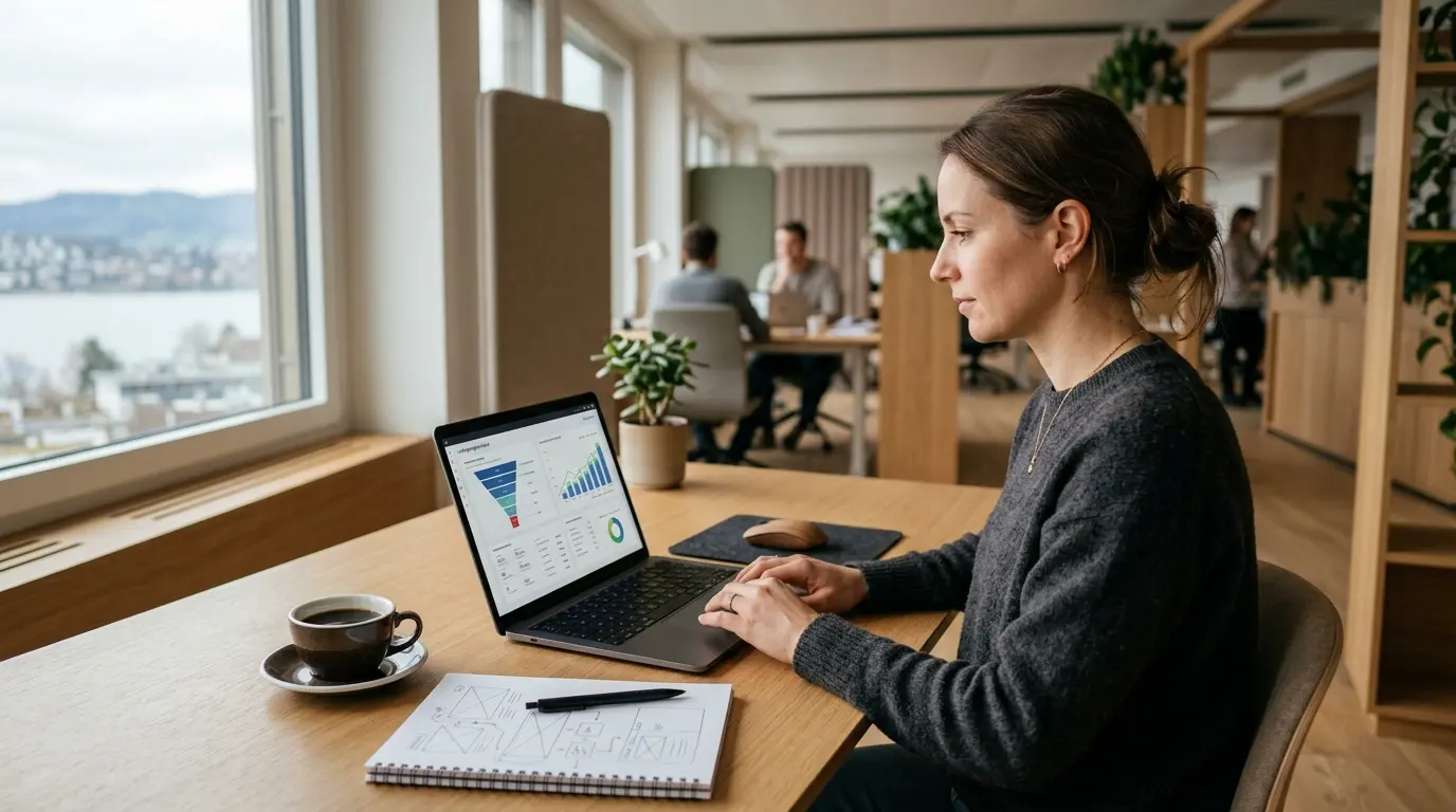 Landingpage Conversion Optimierung Schweiz: Webdesigner analysiert Conversion-Funnel am Laptop