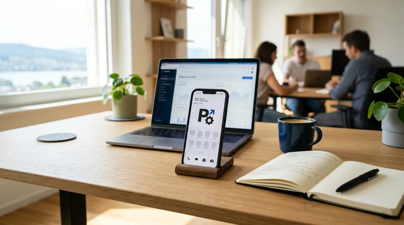 Blog 1 Progressive Web App Schweiz: Smartphone mit PWA-Icon auf dem Homescreen am Schweizer Arbeitsplatz