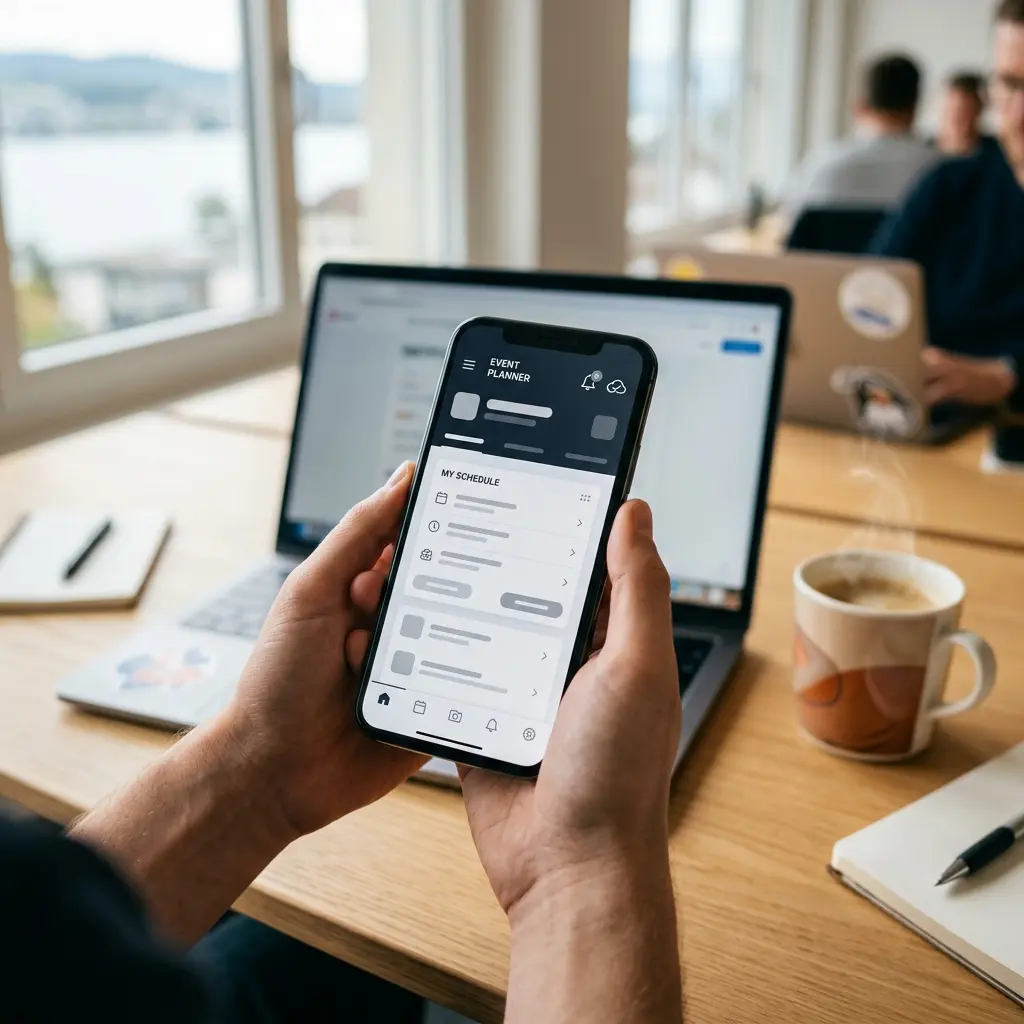Progressive Web App Schweiz: Vorteile, Kosten und Beispiele für KMU 1 Progressive Web App Schweiz Vorteile: Smartphone-Homescreen mit PWA-Icon am Schweizer Schreibtisch