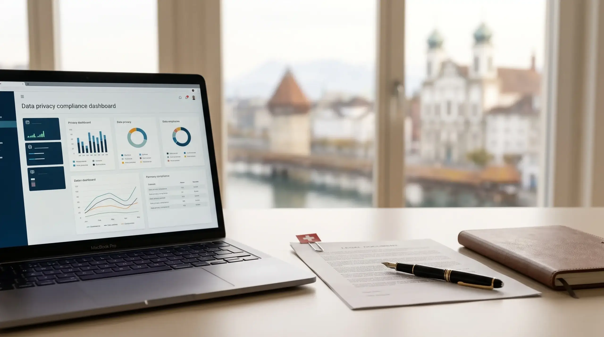 Schweizer Unternehmer prüft Datenschutzdokumente zu revDSG und DSGVO am Laptop
