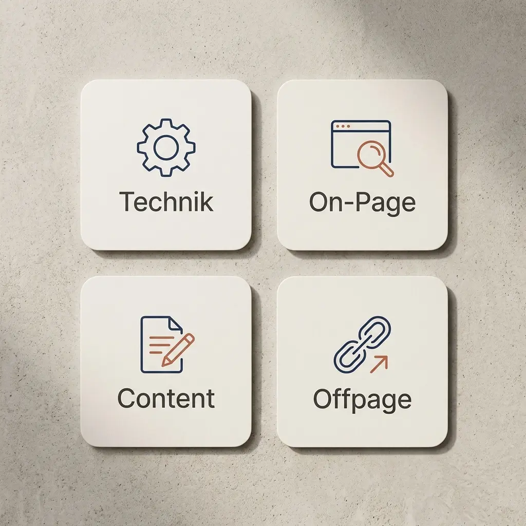 Vier SEO-Bereiche Technik, On-Page, Content und Offpage als Übersicht