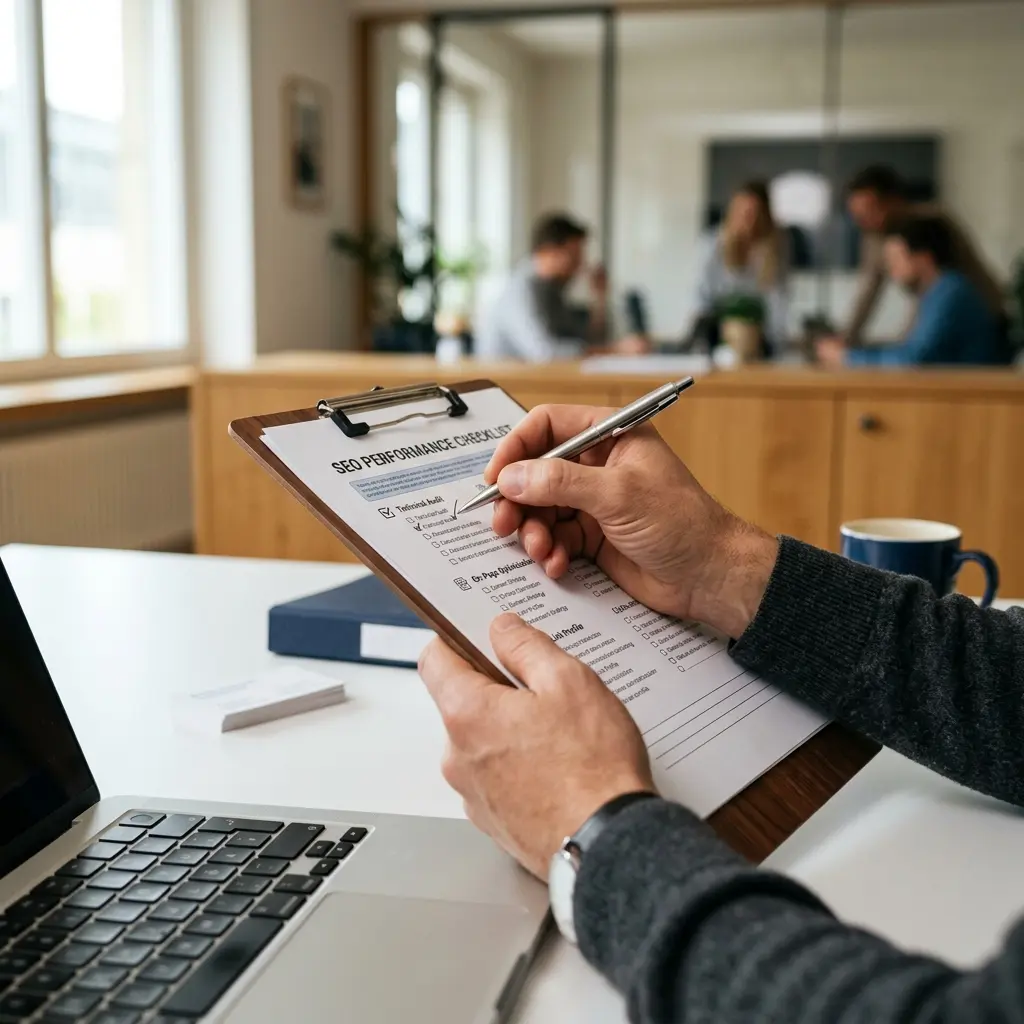 Detail-Ansicht einer ausgefüllten SEO-Checkliste neben Laptop