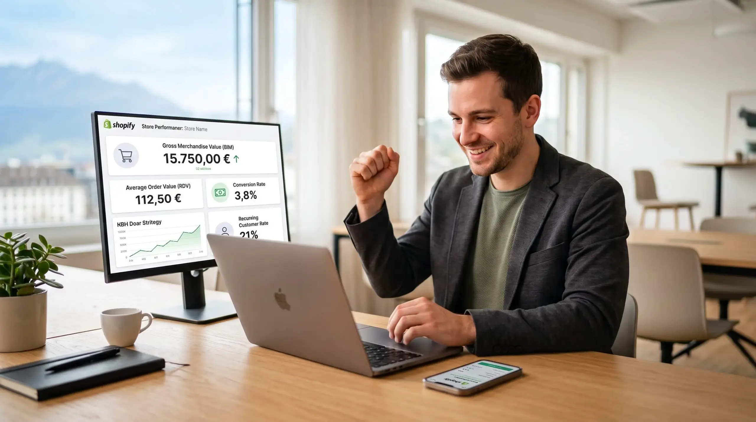 Blog 7 Schweizer Jungunternehmer freut sich über ersten Shopify-Verkauf am Laptop