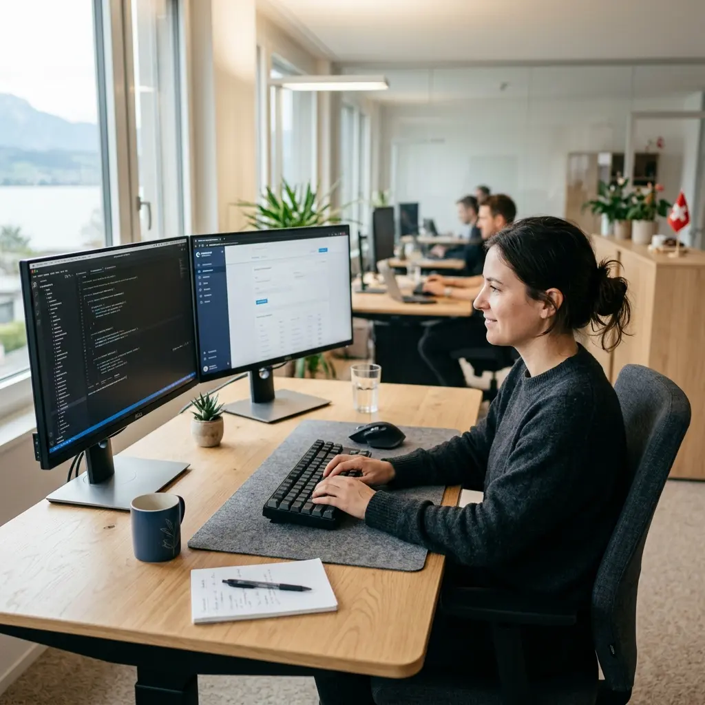 Shopware 6 Update Prozess: Entwickler arbeitet an mehreren Bildschirmen im Schweizer Büro