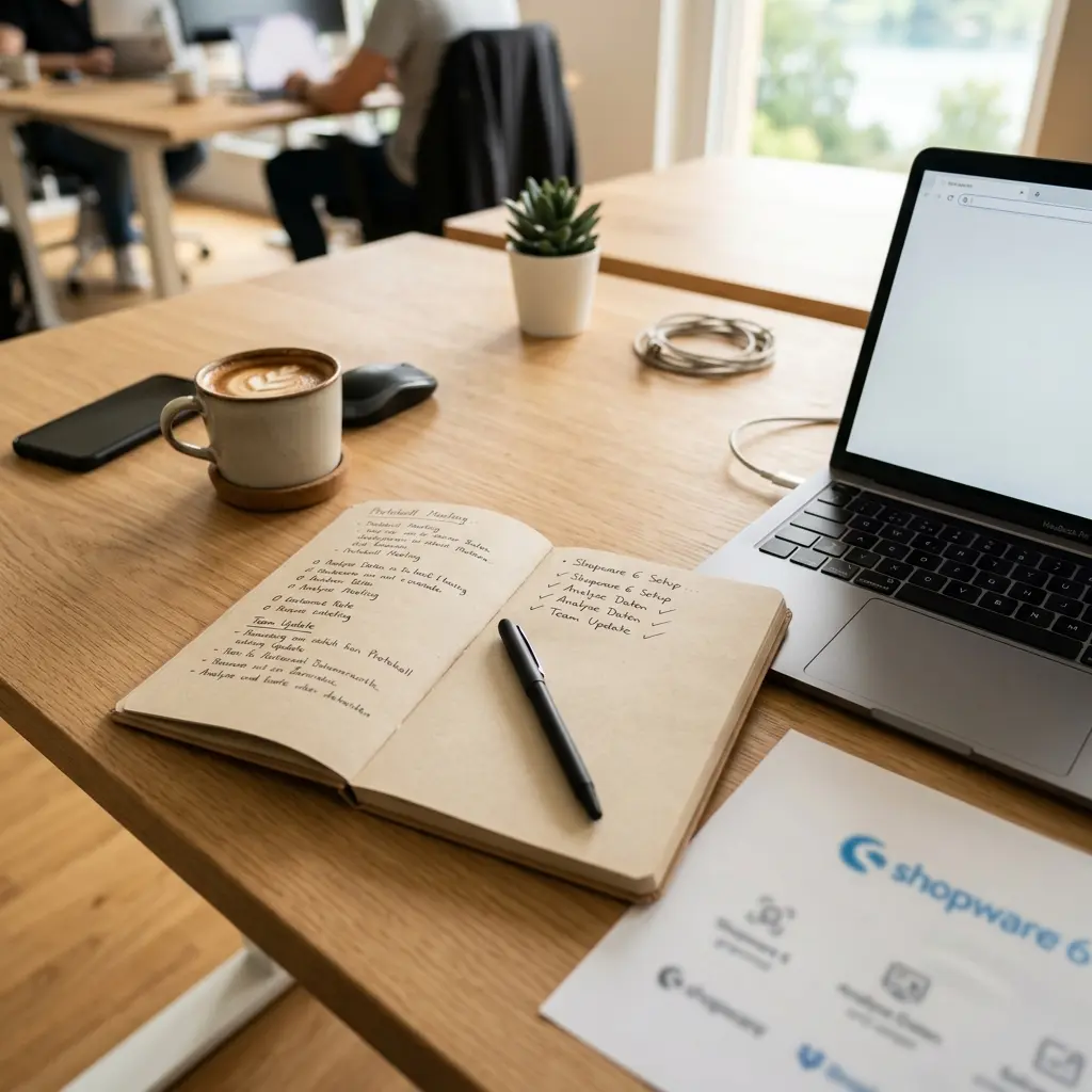 Shopware 6 Update Checkliste Schweiz: Entwickler bereitet sich am Arbeitsplatz vor