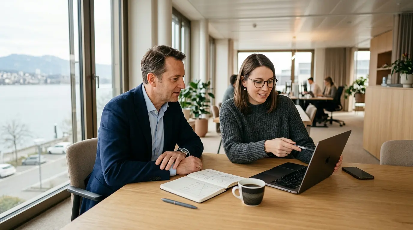 Blog 4 Webagentur oder Freelancer in Luzern: KMU-Entscheider und Web-Experte in Beratungsgespräch