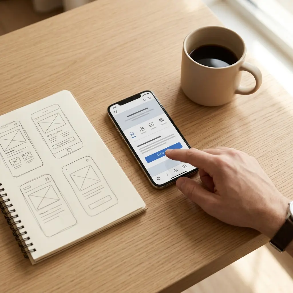 Mobile-First Webdesign Schweiz: Website am Smartphone mit optimierter Navigation
