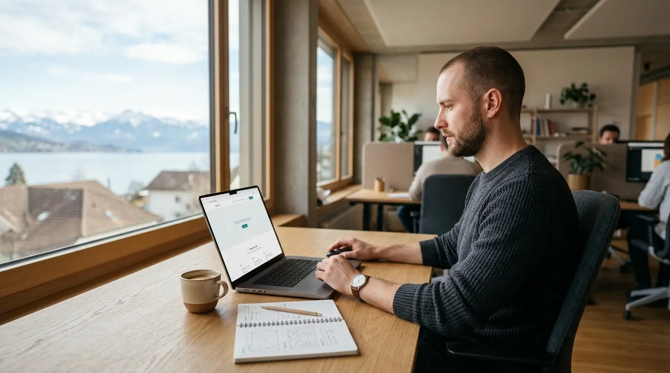 Blog 5 Webdesign Trends Schweiz 2026: Webdesigner arbeitet an minimalistischem Website-Konzept