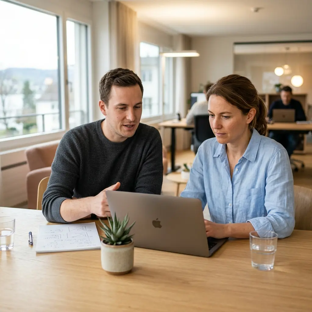 Berater und Kunde besprechen Website-Kosten am Laptop in einem hellen Schweizer Büro