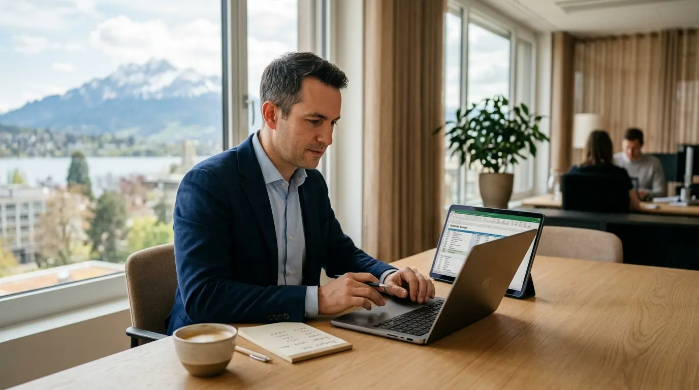 Blog 4 Was kostet eine Website in der Schweiz? KMU-Entscheider prüft Budget am Laptop
