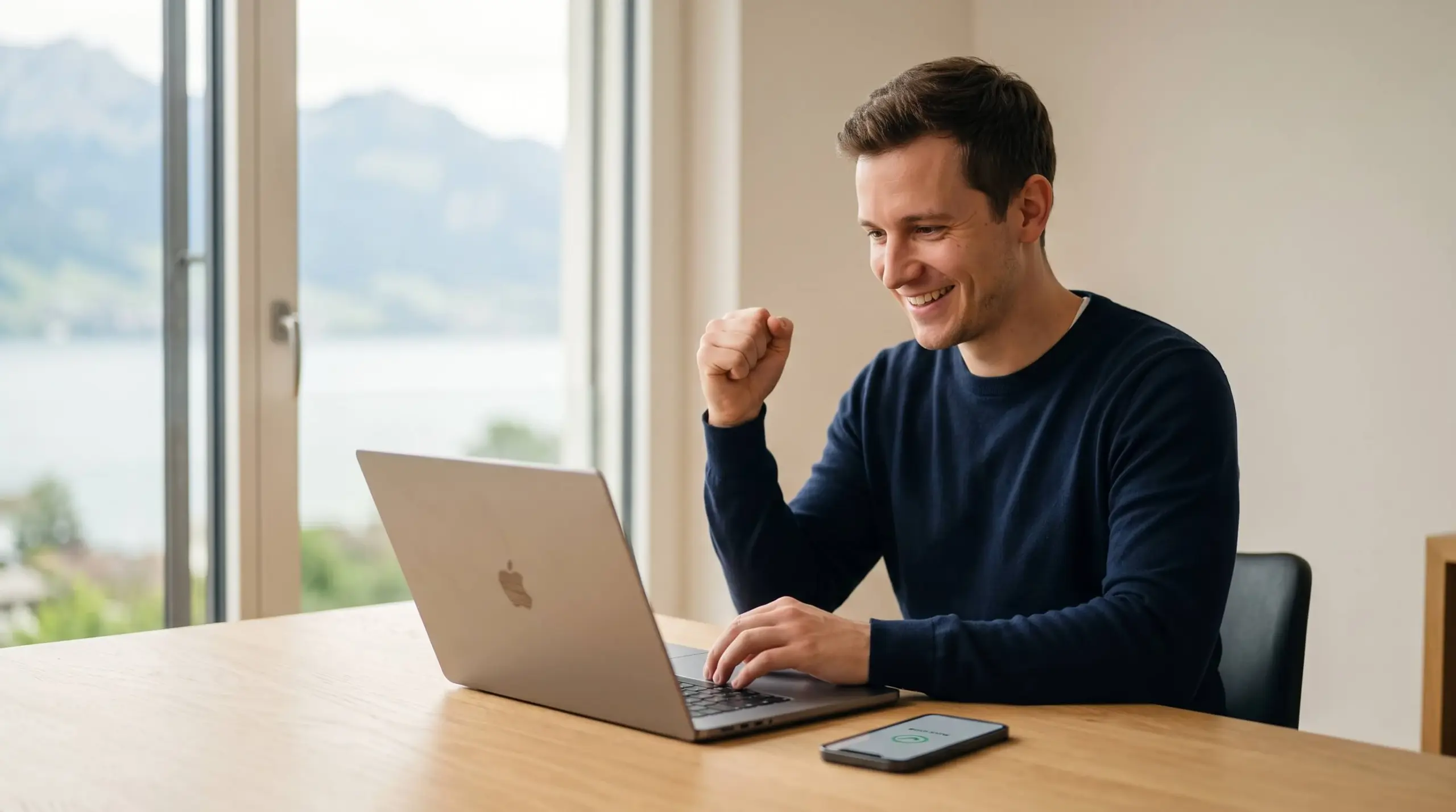 Blog 8 Schweizer Jungunternehmer freut sich über ersten WooCommerce-Verkauf am Laptop