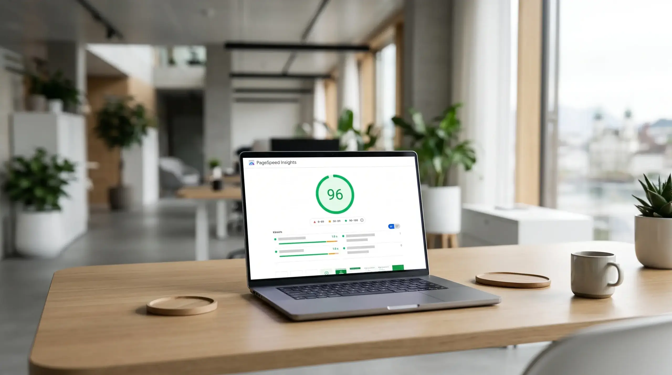 MacBook zeigt Google PageSpeed Score 96 für WordPress Ladezeitenoptimierung